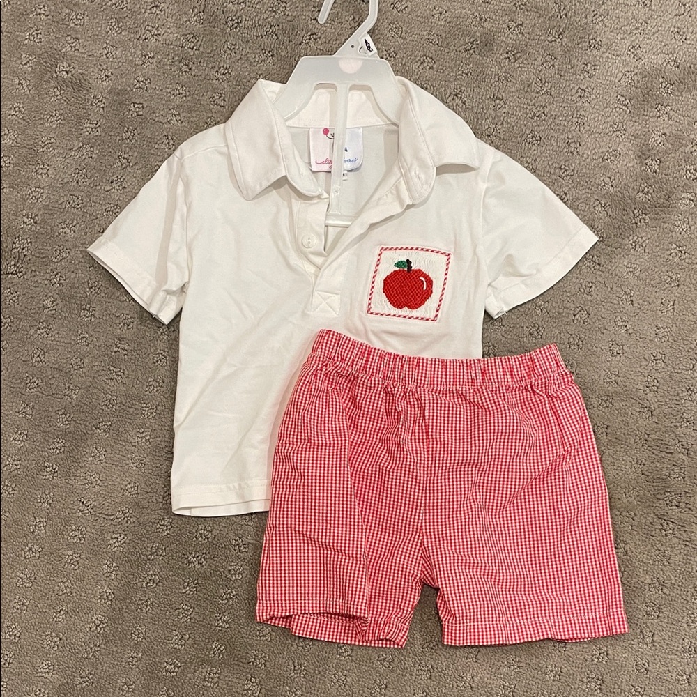 White Polo and Red Gingham Shorts Set